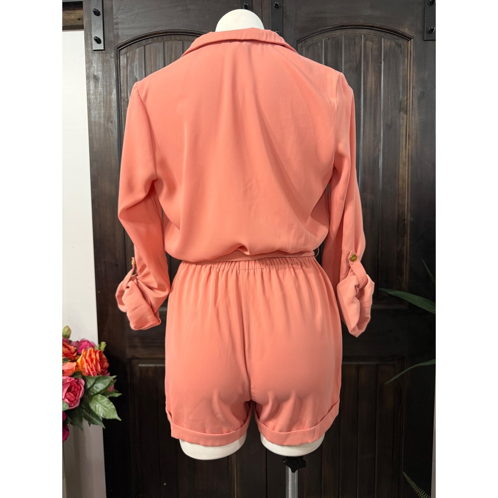Guess Women Coral Pink Roll Tab Sleeve Wrap Front Romper Small - Picture 5 of 7